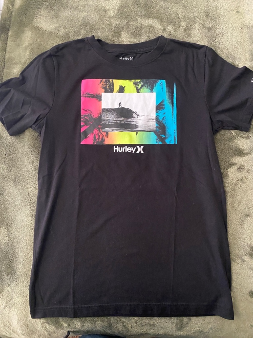 Hurley Black Tee with Pink, Yellow & Blue Surf Graphic